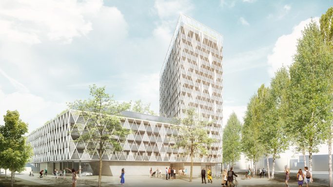 Modernes Wohngebäude mit begrünten Flächen und angrenzendem Hochhaus im Hintergrund.